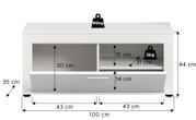 Weißes TV-Lowboard mit Klappe und offenen Fächern, Maße 100 x 44 x 35 cm, Traglast oben 90 kg und Fachboden 5 kg, Frontansicht.