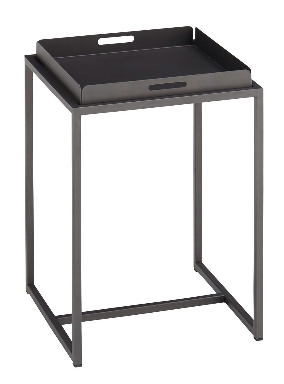 Moderner schwarzer Beistelltisch mit abnehmbarem Tablett, seitliche Perspektive