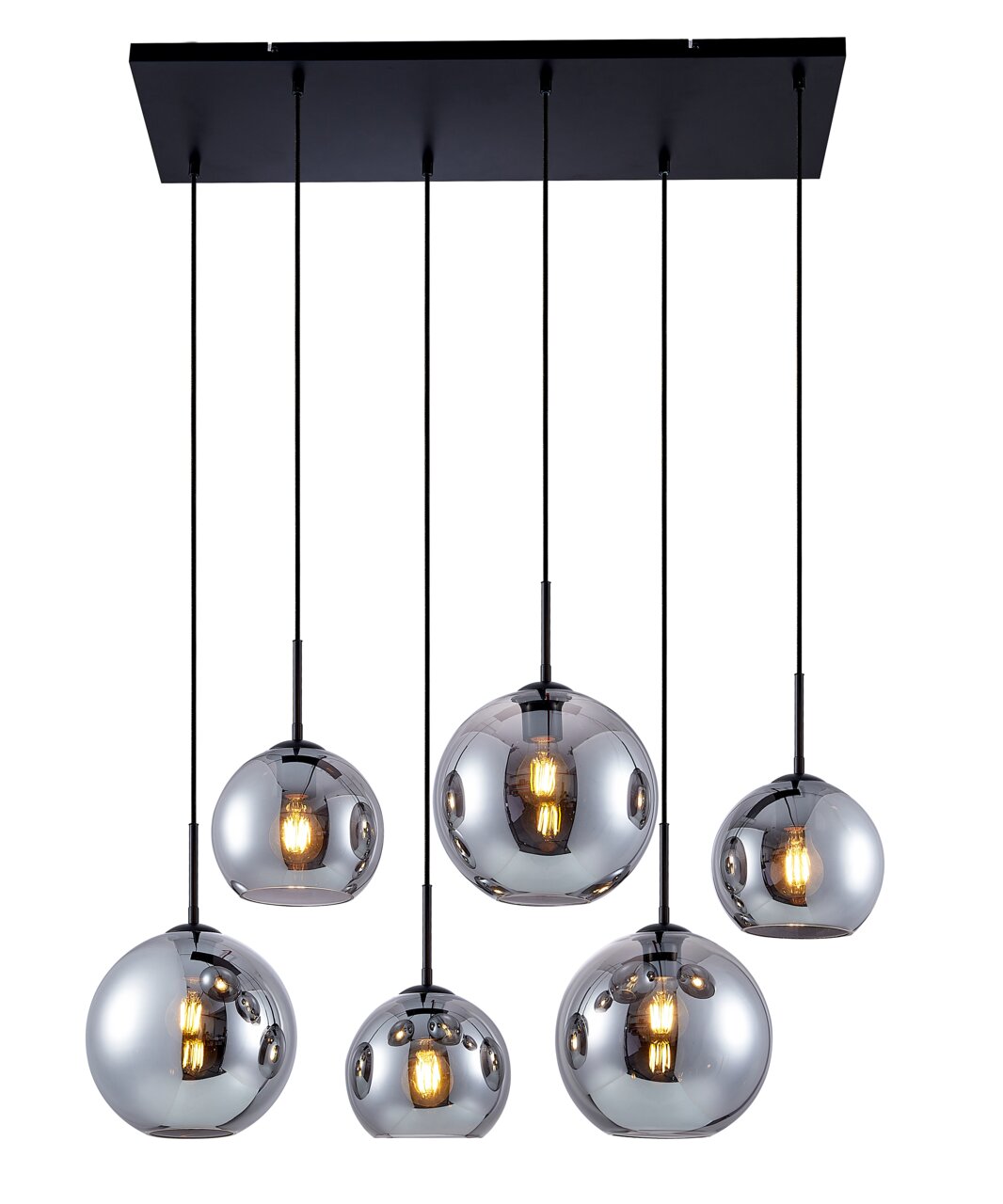 Moderne Hängeleuchte mit sechs kugelförmigen, verspiegelten Lampenschirmen, frontal betrachtet.