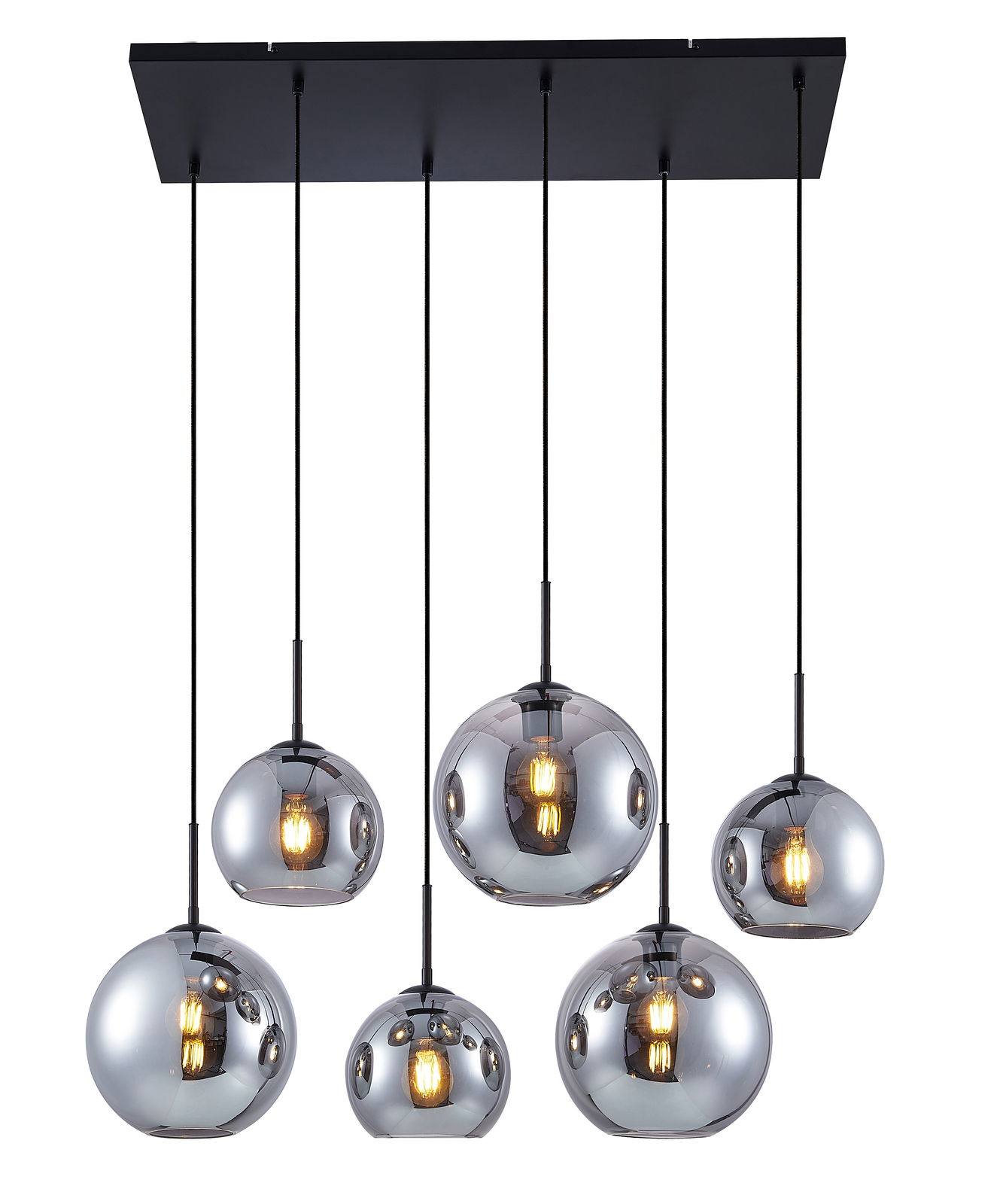 Moderne Hängeleuchte mit sechs kugelförmigen, verspiegelten Lampenschirmen, frontal betrachtet.