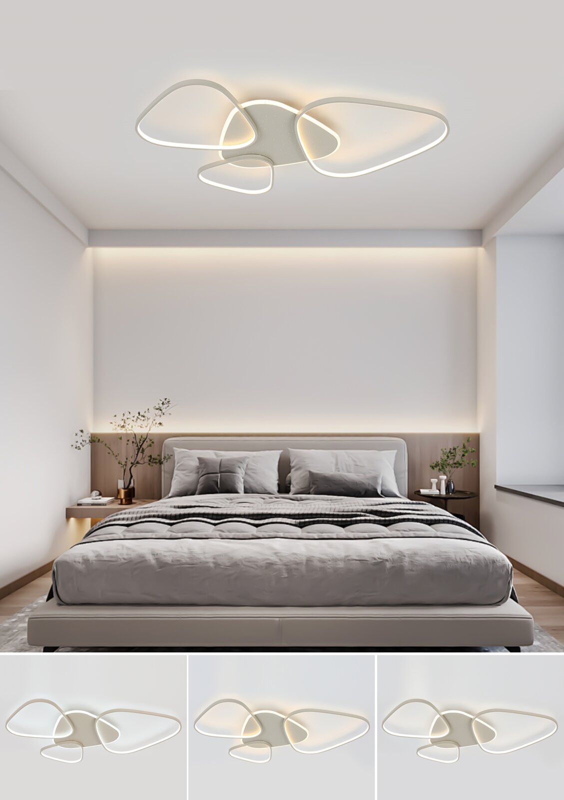 Novel LED-plafondlamp DECKENLEUCHTE Moderne led-plafondlamp met een gebogen vormgeving, geïnstalleerd in een stijlvolle slaapkamer. Aanzicht van onderaf.