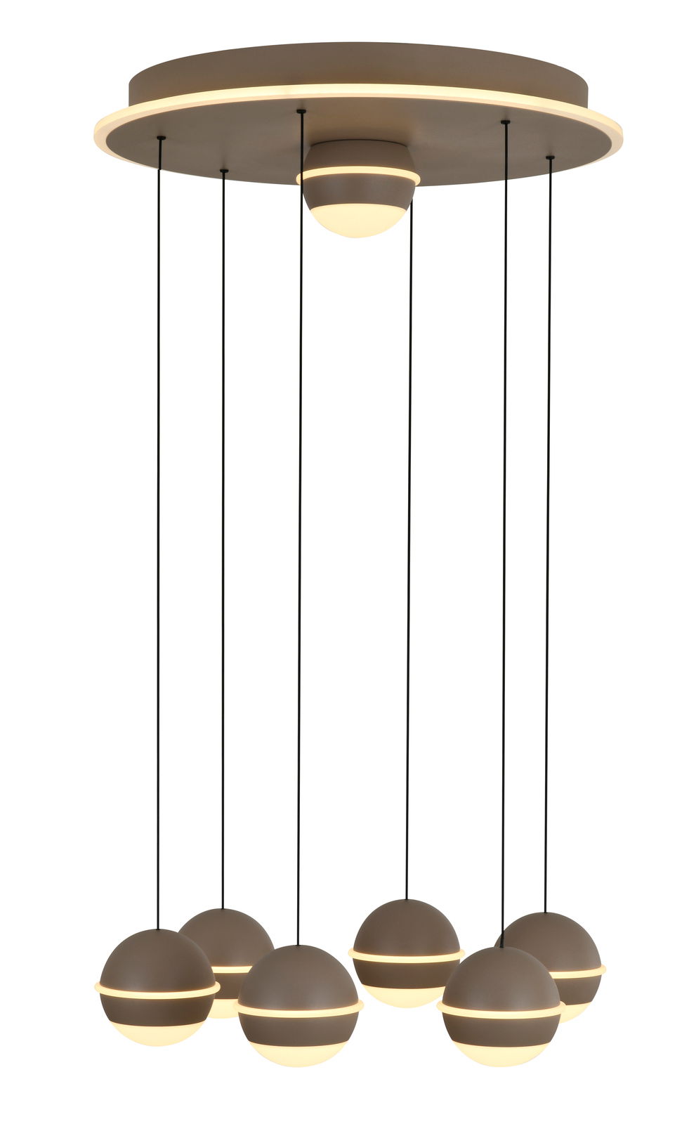 Moderne LED-Pendelleuchte mit sechs kugelförmigen Lampen, hängend von einer runden Deckenplatte, seitliche Perspektive