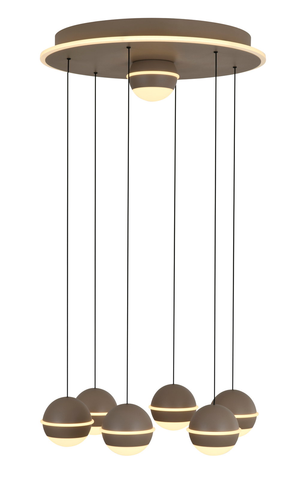 Moderne LED-Pendelleuchte mit sechs kugelförmigen Lampen, hängend von einer runden Deckenplatte, seitliche Perspektive