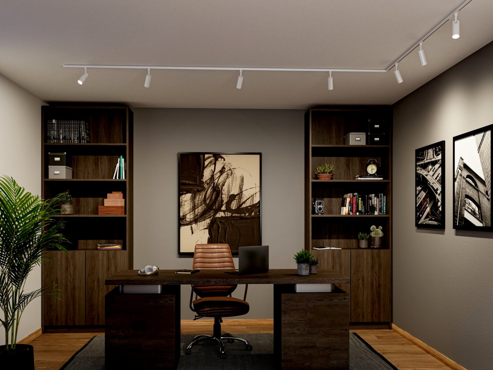 Modernes Home-Office mit dunklem Holz-Schreibtisch, passendem Bürostuhl, zwei hohen Regalen und Decken-Schienenstrahlern, frontal aus Augenhöhe fotografiert.