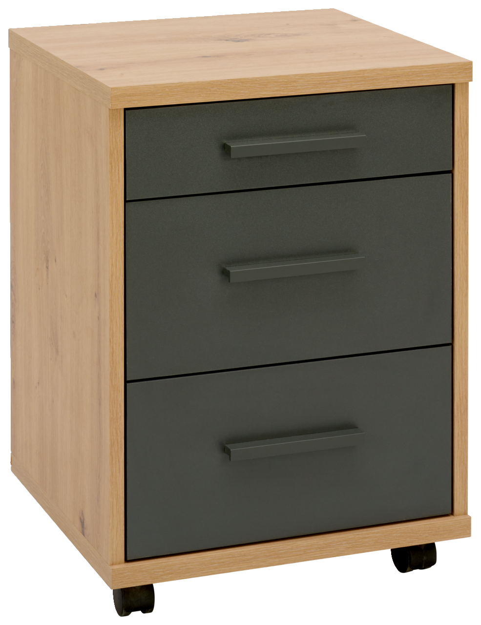 Rollcontainer mit drei Schubladen, Holzoptik und dunklen Fronten, auf Rollen, perspektivisch von vorne rechts