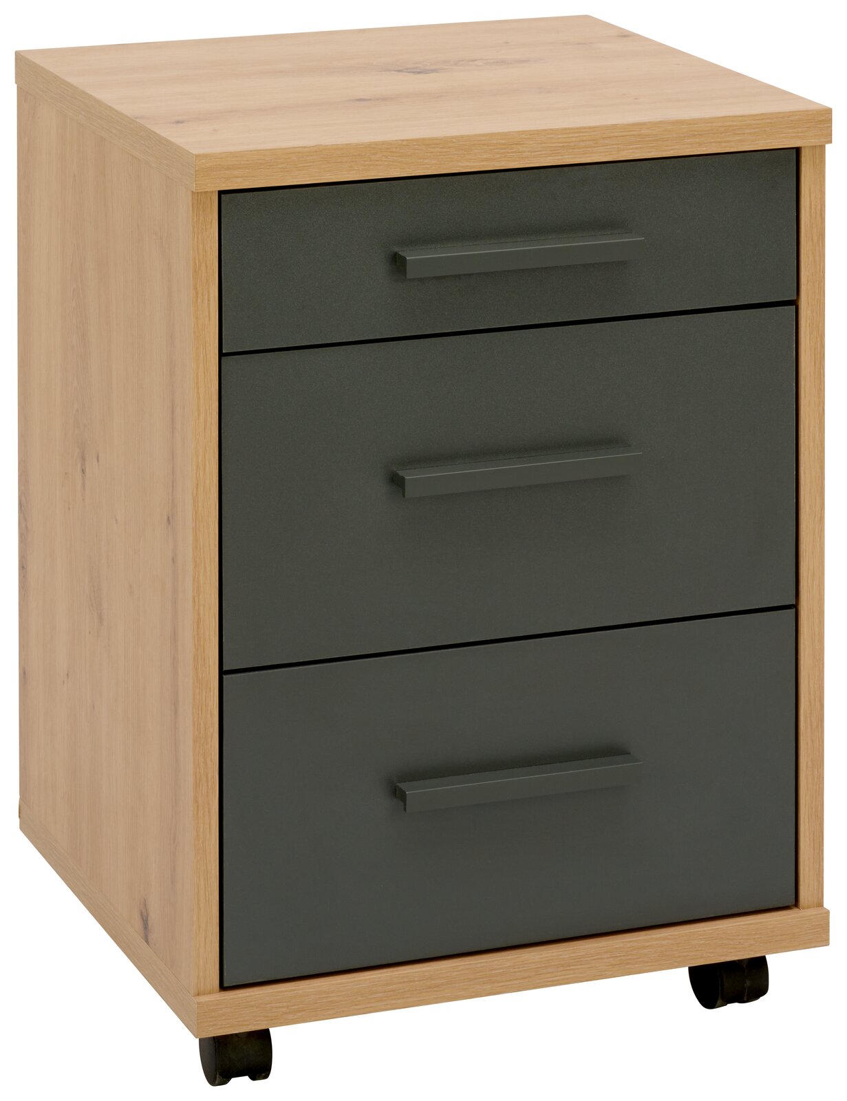 Cantus Rollcontainer JORIS Rollcontainer mit drei Schubladen, Holzoptik und dunklen Fronten, auf Rollen, perspektivisch von vorne rechts