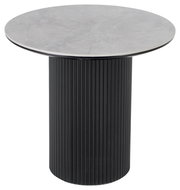 Runder Beistelltisch mit grauer Marmorplatte und schwarzem, geripptem Zylindersockel, seitliche Perspektive