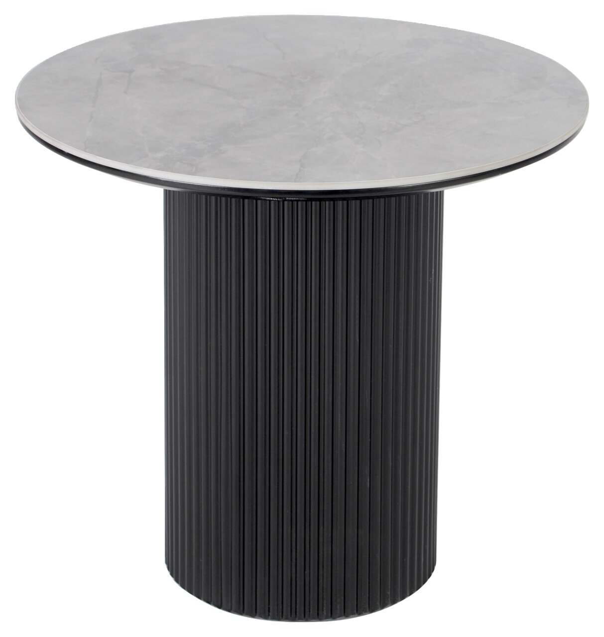 Runder Beistelltisch mit grauer Marmorplatte und schwarzem, geripptem Zylindersockel, seitliche Perspektive