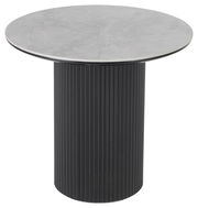 Runder Beistelltisch mit grauer Marmorplatte und schwarzem, geripptem Zylindersockel, seitliche Perspektive