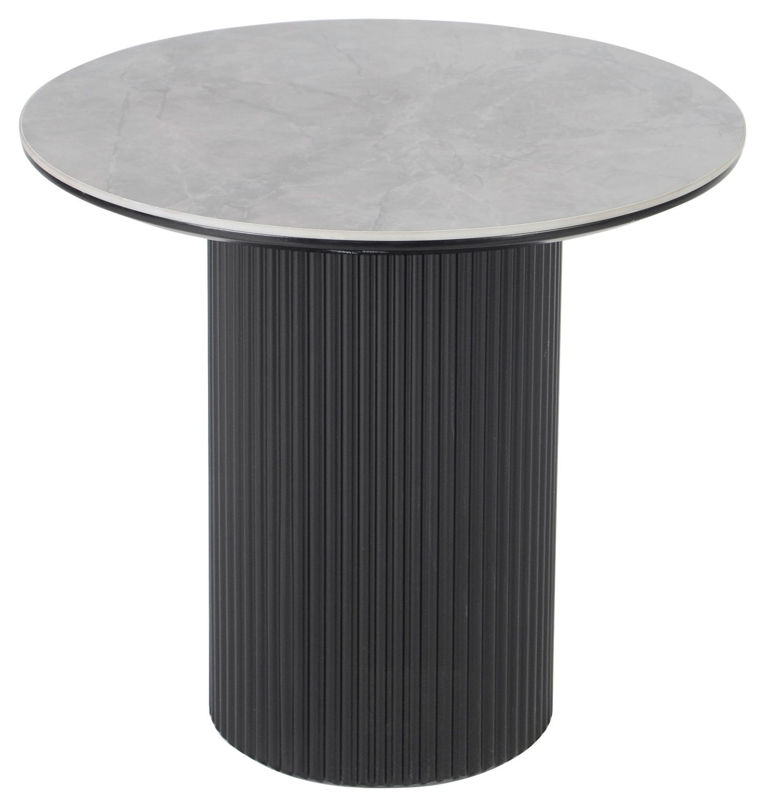 Runder Beistelltisch mit grauer Marmorplatte und schwarzem, geripptem Zylindersockel, seitliche Perspektive