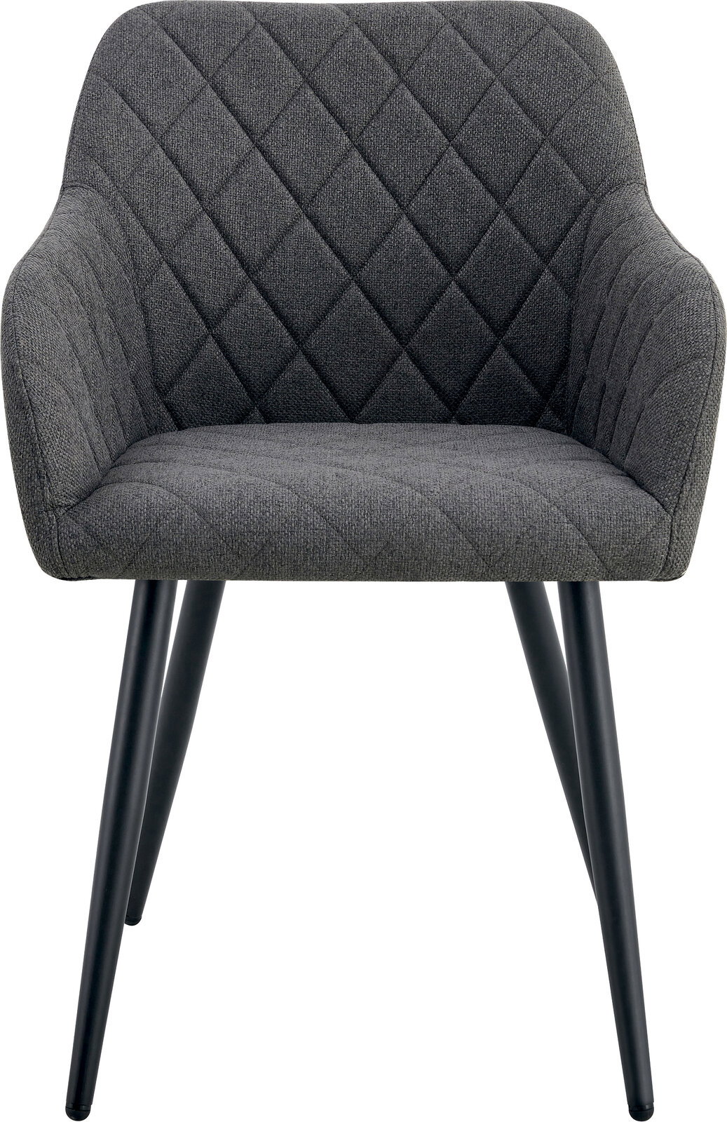 Gepolsterter Esszimmerstuhl in Dunkelgrau mit Rautensteppung, Armlehnen und schwarzen konischen Beinen, Frontalansicht