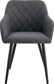 Gepolsterter Esszimmerstuhl in Dunkelgrau mit Rautensteppung, Armlehnen und schwarzen konischen Beinen, Frontalansicht