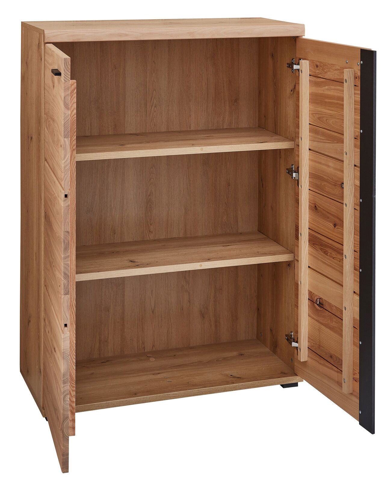 Offener Aktenschrank aus Holz mit zwei Einlegeböden, frontale Perspektive