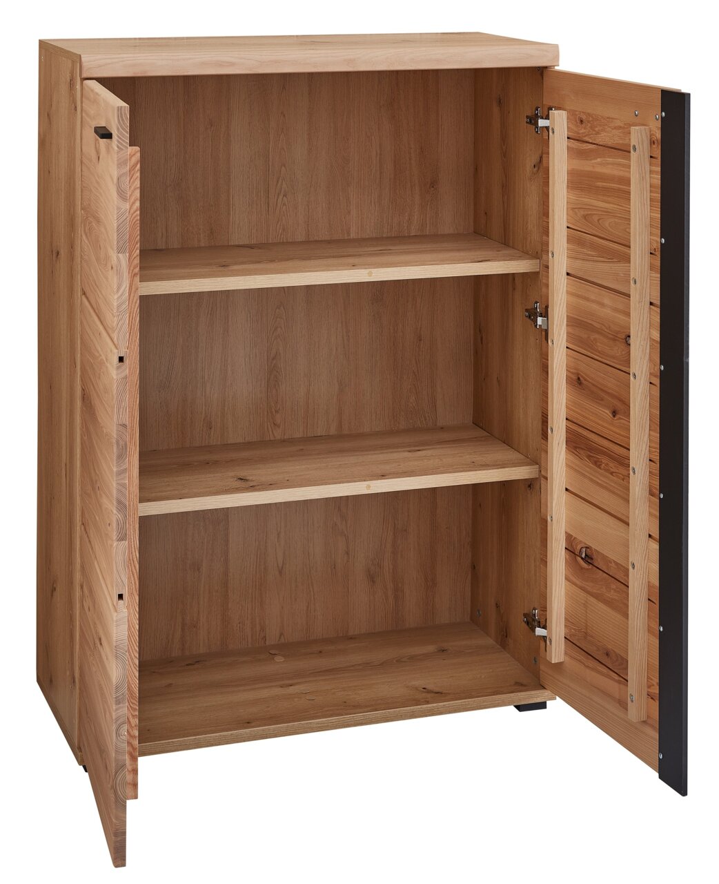 Open houten archiefkast met twee legplanken, vooraanzicht