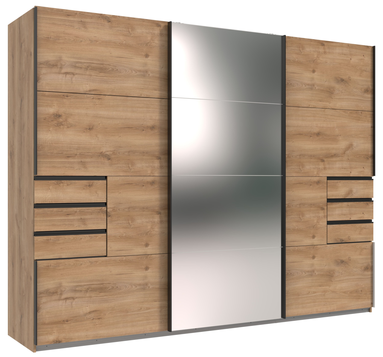 Z2 Schwebetürenschrank 3trg. SAIGON Moderner dreitüriger Schwebetürenschrank mit Holzoptik und Spiegelfront, seitliche Perspektive