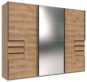 Moderner dreitüriger Schwebetürenschrank mit Holzoptik und Spiegelfront, seitliche Perspektive