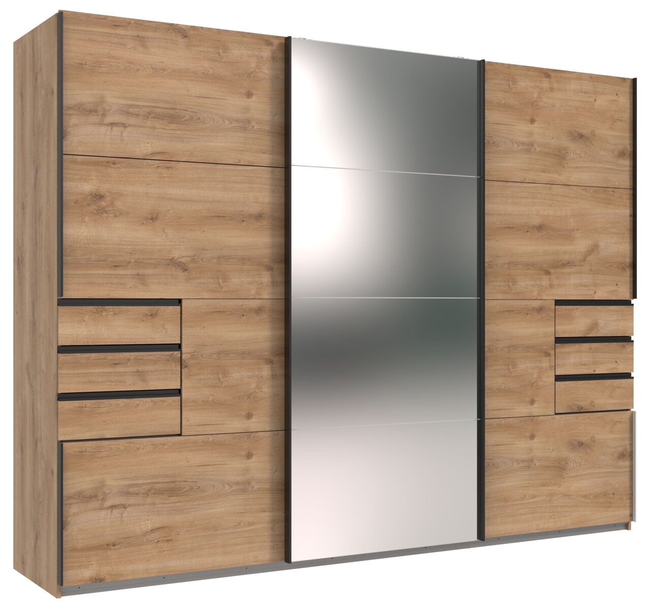 Moderner dreitüriger Schwebetürenschrank mit Holzoptik und Spiegelfront, seitliche Perspektive