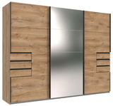 Moderner dreitüriger Schwebetürenschrank mit Holzoptik und Spiegelfront, seitliche Perspektive