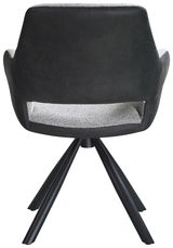 Rückansicht eines modernen Armlehnstuhls mit schwarzem Bezug und vier schwarzen Metallbeinen.