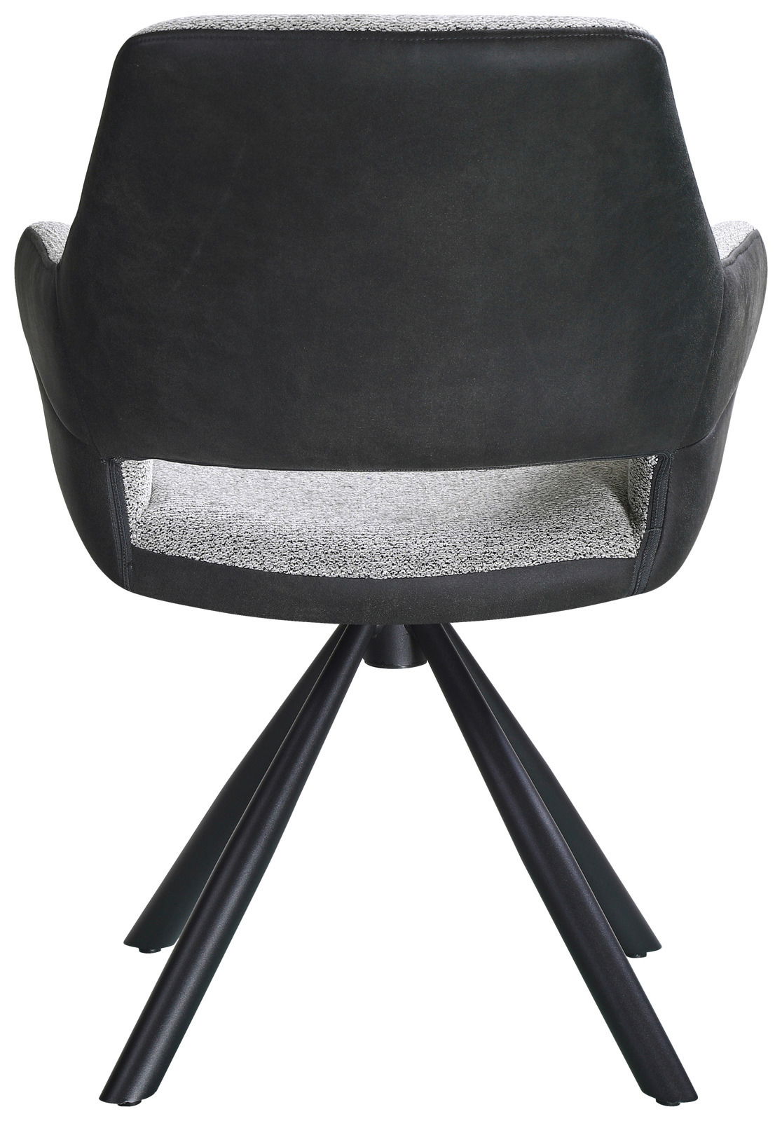 Rückansicht eines modernen Armlehnstuhls mit schwarzem Bezug und vier schwarzen Metallbeinen.