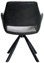 Rückansicht eines modernen Armlehnstuhls mit schwarzem Bezug und vier schwarzen Metallbeinen.