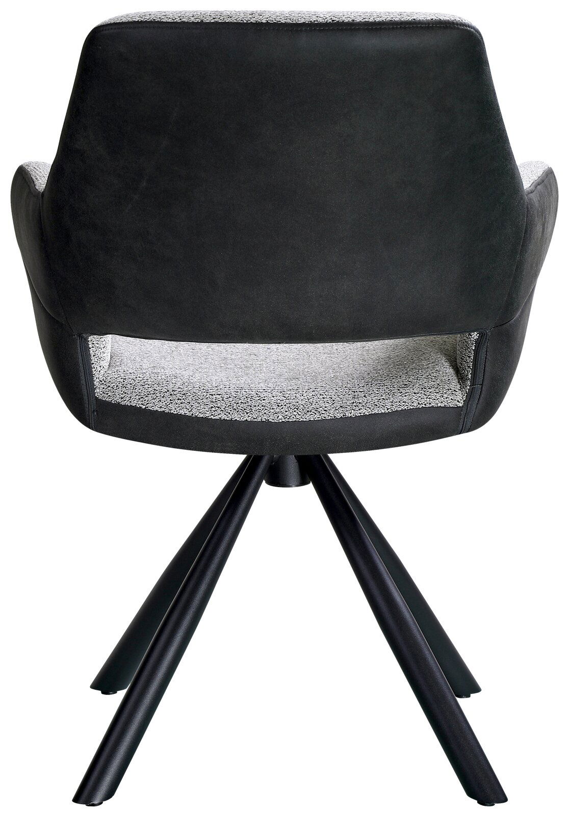 Rückansicht eines modernen Armlehnstuhls mit schwarzem Bezug und vier schwarzen Metallbeinen.