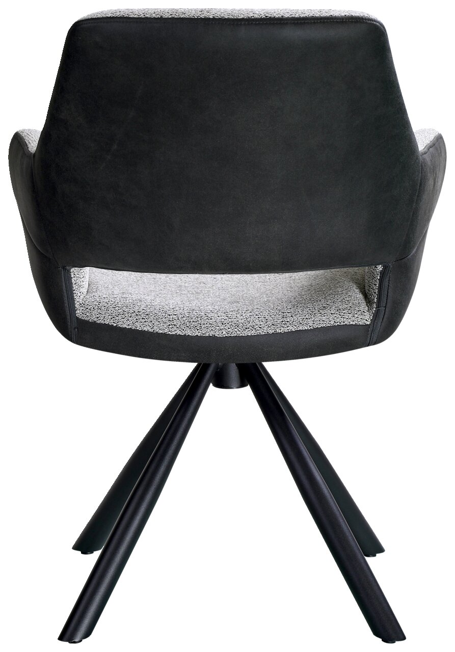 Rückansicht eines modernen Armlehnstuhls mit schwarzem Bezug und vier schwarzen Metallbeinen.