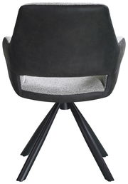 Rückansicht eines modernen Armlehnstuhls mit schwarzem Bezug und vier schwarzen Metallbeinen.