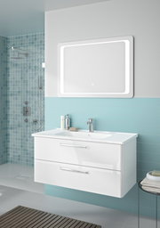 Moderner Badblock mit zwei Schubladen und integriertem Waschbecken, frontal betrachtet, vor einer Wand mit blauen Fliesen.