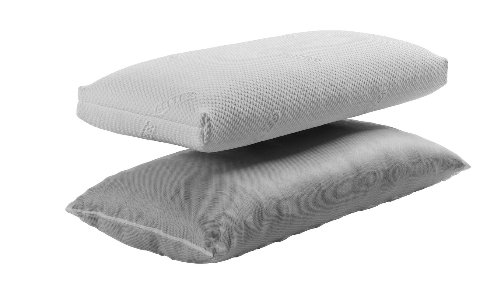 Zwei Kissen in seitlicher Perspektive, das obere Kissen mit GELTEX-Textur, das untere in glattem Stoff.