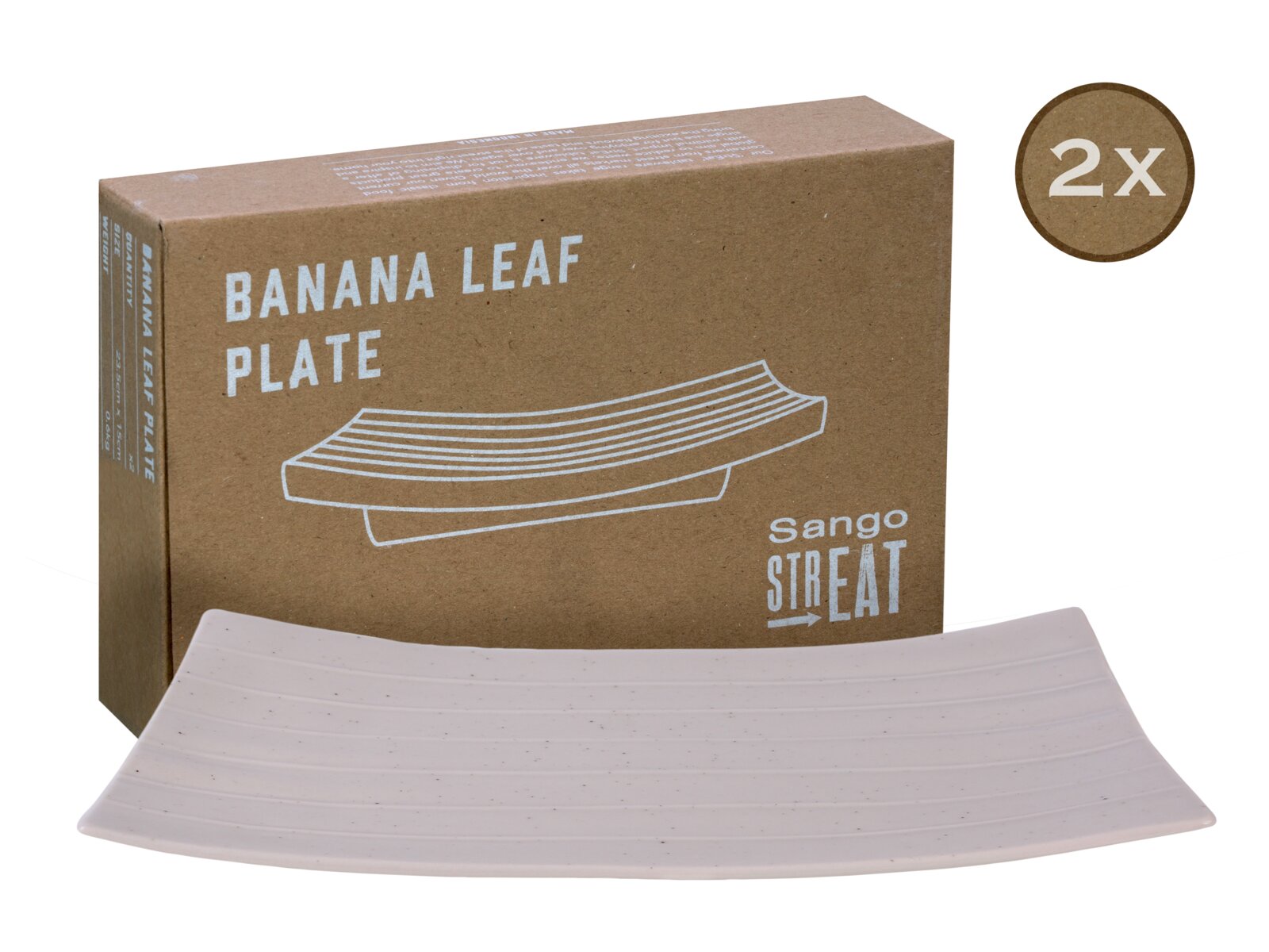 Sango Street Eat Banana Leaf Plate: gebogener, rechteckiger Servierteller in hellem Grau mit feinen Sprenkeln vor der braunen Verpackung, Ansicht schräg von vorn