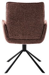 Rückansicht eines braunen Armlehnstuhls mit schwarzem Metallgestell