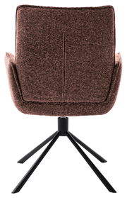 Rückansicht eines braunen Armlehnstuhls mit schwarzem Metallgestell