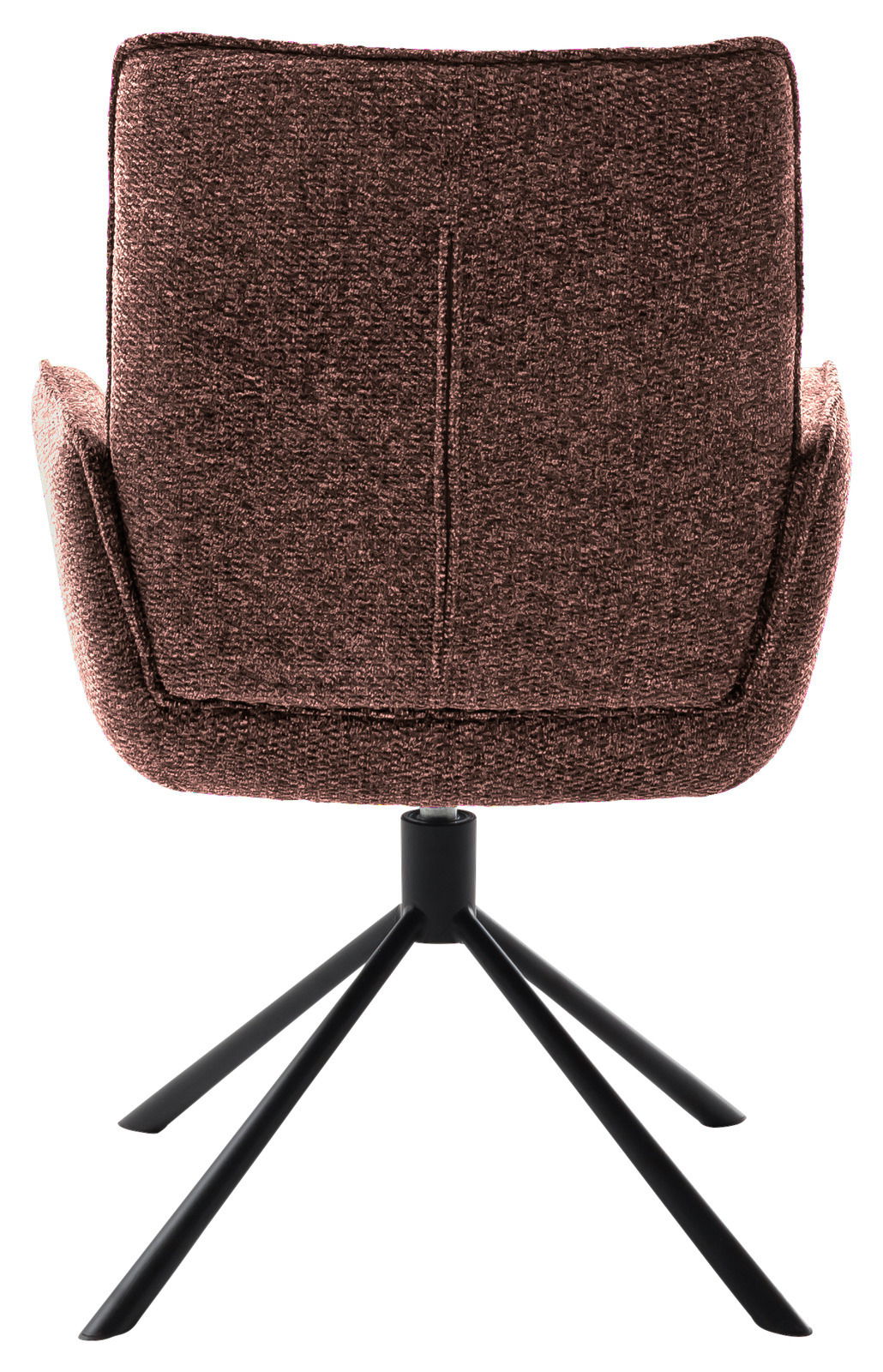 Rückansicht eines braunen Armlehnstuhls mit schwarzem Metallgestell