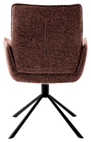 Rückansicht eines braunen Armlehnstuhls mit schwarzem Metallgestell