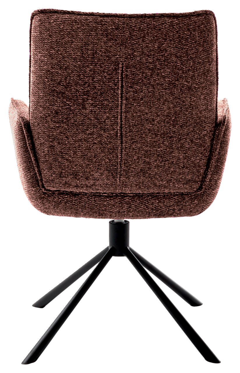 Rückansicht eines braunen Armlehnstuhls mit schwarzem Metallgestell