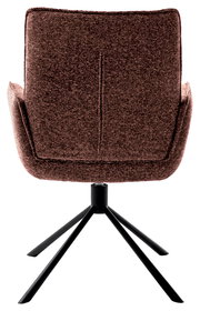 Rückansicht eines braunen Armlehnstuhls mit schwarzem Metallgestell