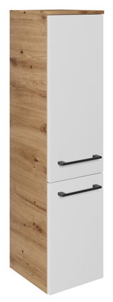 Midischrank 30,2 cm in Holzoptik mit weißen Türen und schwarzen Griffen, seitliche Perspektive