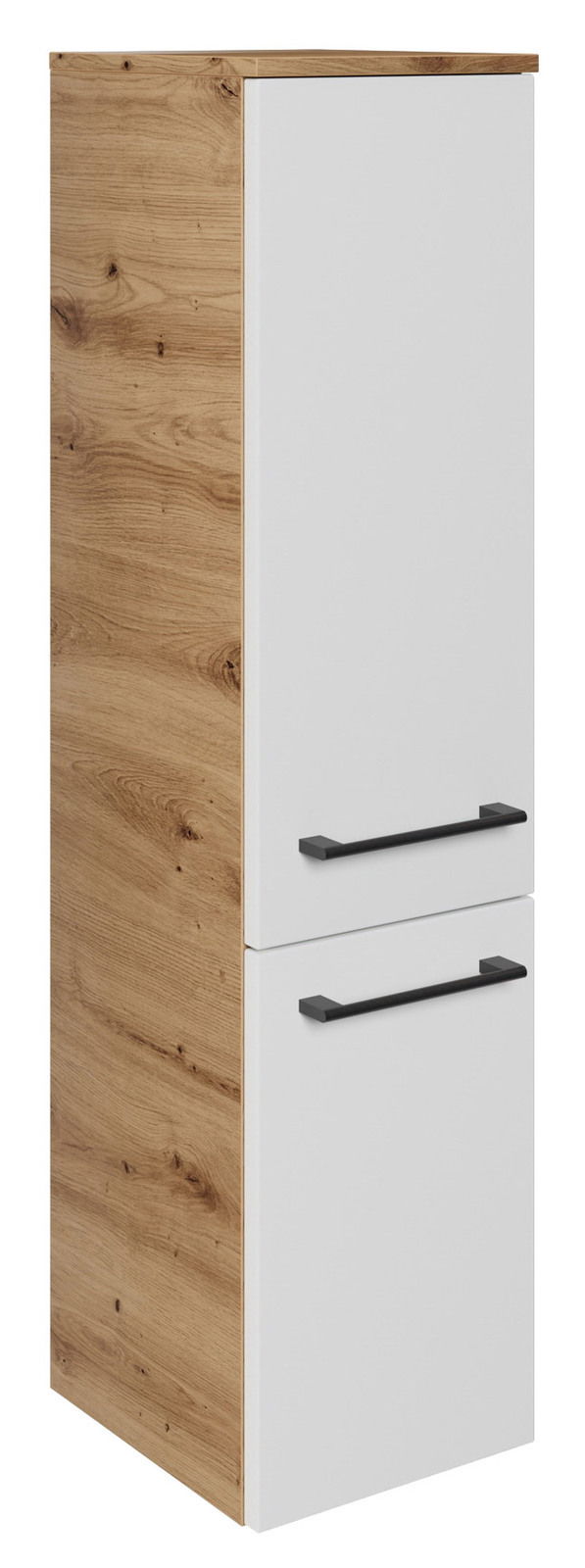 Midischrank 30,2 cm in Holzoptik mit weißen Türen und schwarzen Griffen, seitliche Perspektive