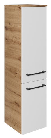 Midischrank 30,2 cm in Holzoptik mit weißen Türen und schwarzen Griffen, seitliche Perspektive