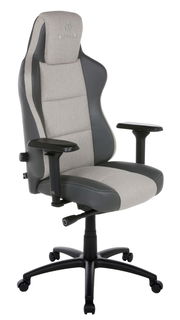 Gaming Stuhl in seitlicher Perspektive mit grauem Stoff und schwarzen Akzenten