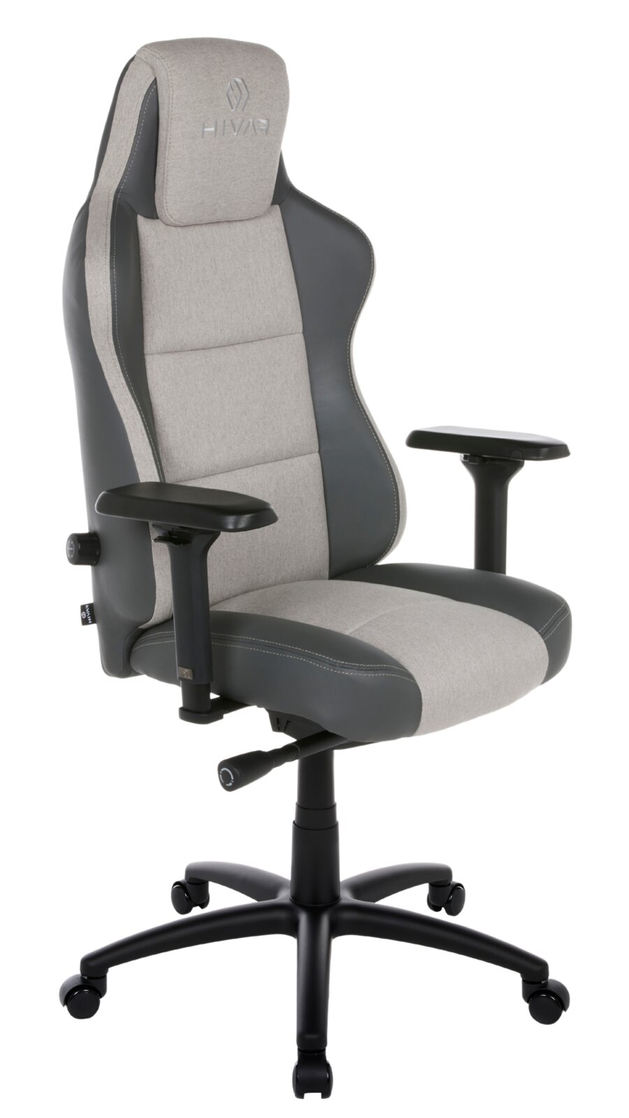 Gaming Stuhl in seitlicher Perspektive mit grauem Stoff und schwarzen Akzenten