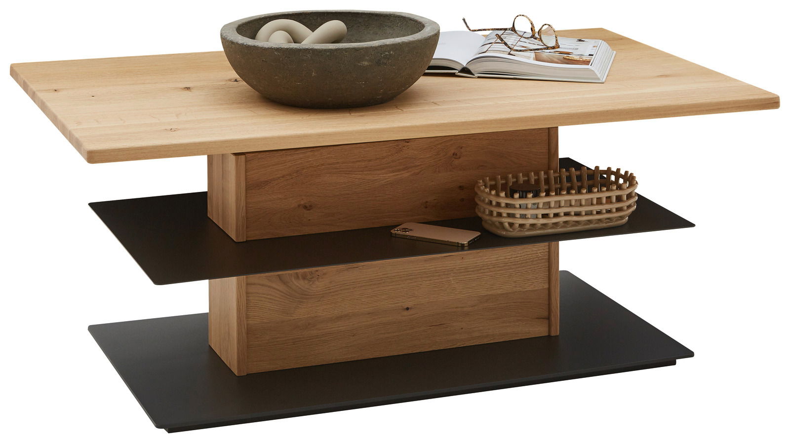 Valnatura Couchtisch VALS Moderner Couchtisch aus Holz mit zwei schwarzen Ablagen, dekoriert mit einer Schale und einem Buch, seitliche Perspektive