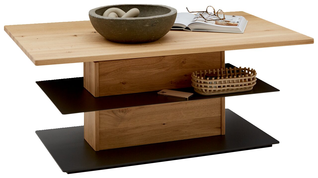 Valnatura Couchtisch VALS Moderner Couchtisch aus Holz mit zwei schwarzen Ablagen, dekoriert mit einer Schale und einem Buch, seitliche Perspektive