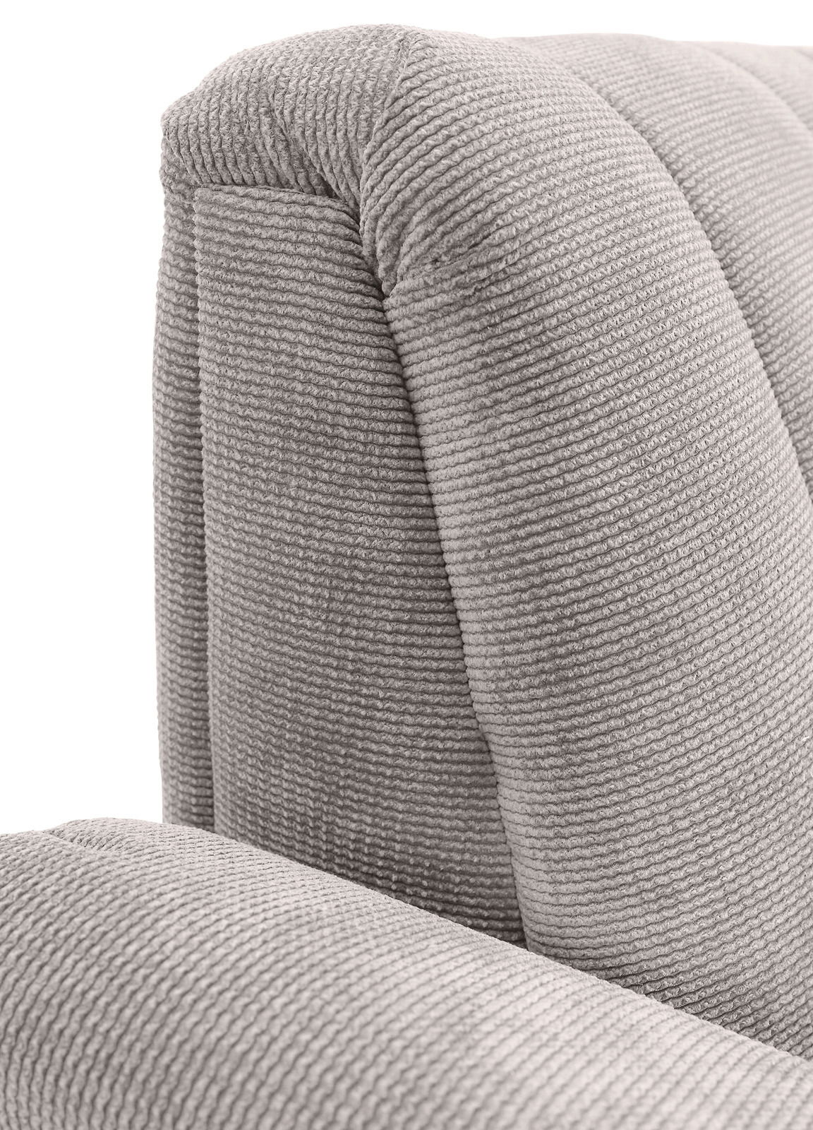 Novel 2er-Sitzbank LAILA Nahaufnahme einer grauen, strukturierten Polsterung einer 2er-Sitzbank, seitliche Perspektive