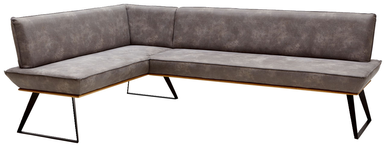 Eckbank in L-Form mit grauem Polster und schwarzen Metallbeinen, seitliche Perspektive