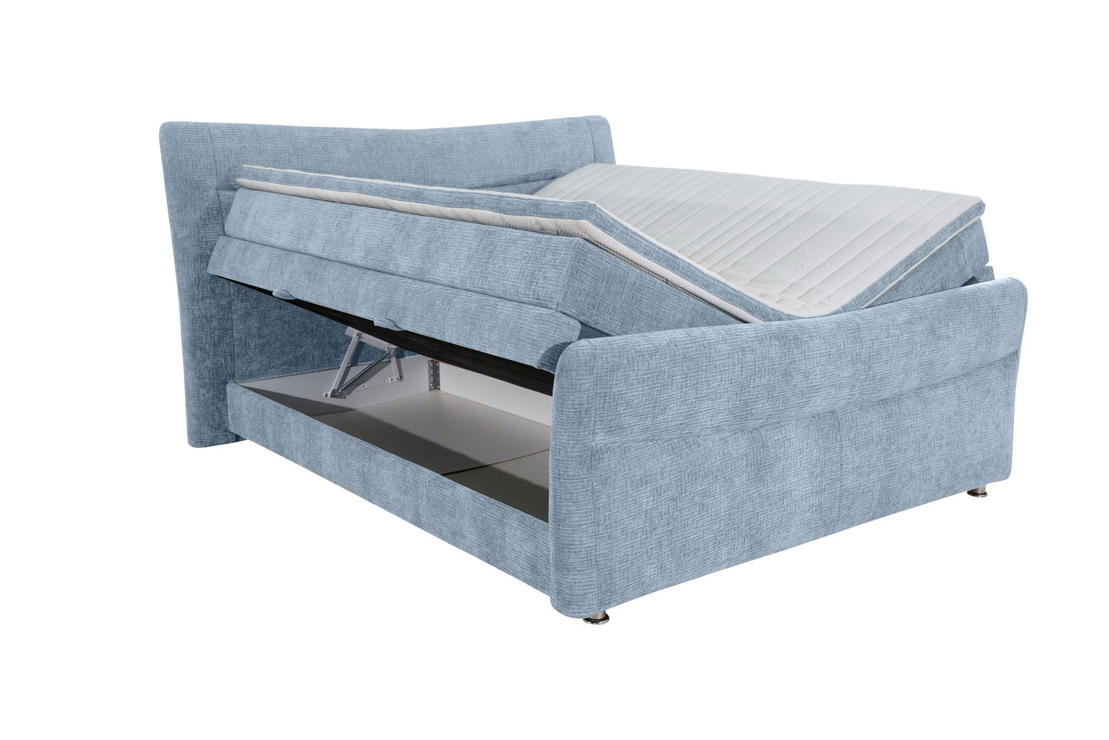 Boxspringbett in hellblauem Stoffbezug mit geöffneter Matratze und sichtbarem Stauraum, seitliche Perspektive