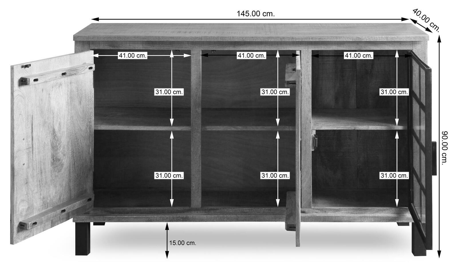 Frontale Ansicht des Sideboards KALI mit offenen Türen, zeigt Innenfächer und Maße.