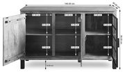 Frontale Ansicht des Sideboards KALI mit offenen Türen, zeigt Innenfächer und Maße.