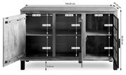 Frontale Ansicht des Sideboards KALI mit offenen Türen, zeigt Innenfächer und Maße.